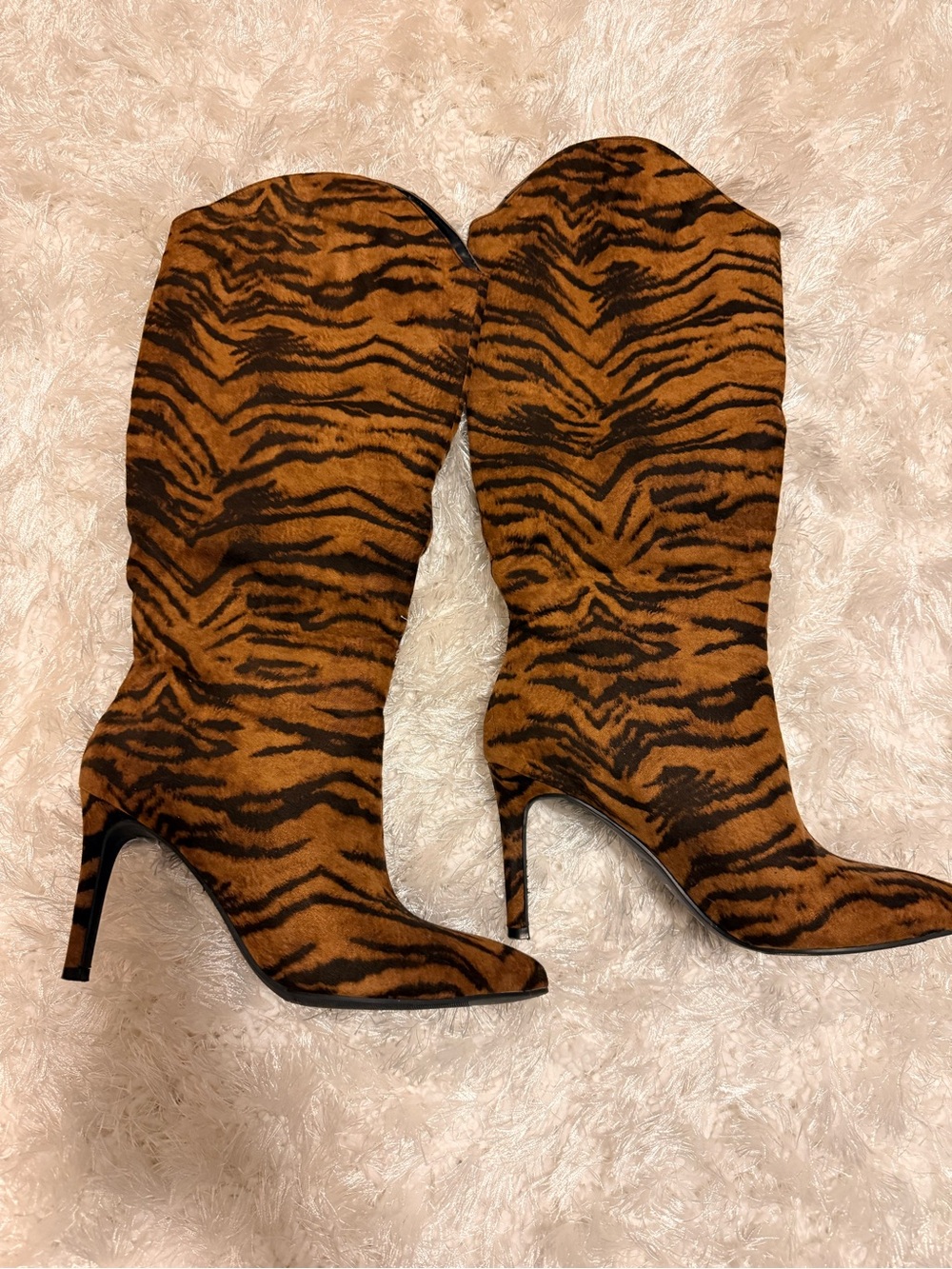 Tiger Print Mid-Calf Stiletto Boots - Brown